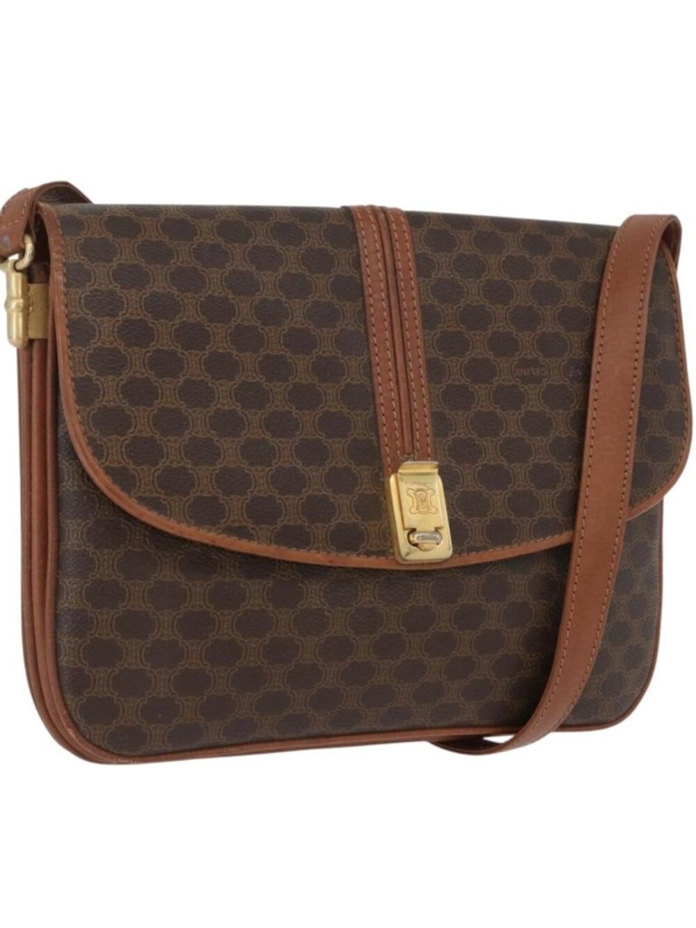 CELINE Macadam Canvas Shoulder Bag PVC Leather Brown Gold